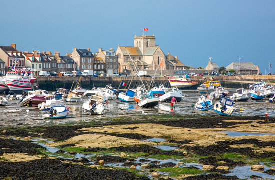 Barfleur,  France, Normandy, view of the harbor and boats at low tide, near the village.