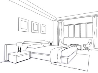 Architectural interior drawing, bedroom sketch
