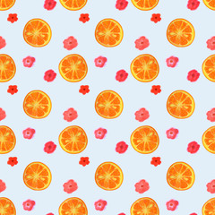 Seamless pattern with watercolor flowers and slices of orange