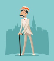 Wealthy Cartoon Victorian Gentleman Businessman Character Icon on Stylish English City Background Retro Vintage Great Britain Design Vector Illustration