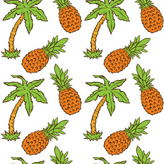 Seamless pattern with palm trees, pineapples