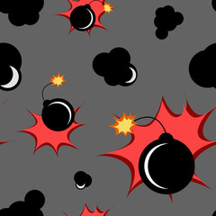 Illustration of a seamless pattern with black bomb and splach.