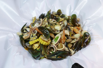 Mixed Seafood with spicy thai sauce sauce and herbs