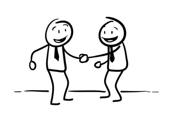 Stick Figure Handshaking, a hand drawn vector doodle illustration of two businessman in a partnership agreement.