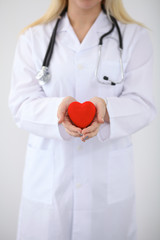 Female doctor with stethoscope holding heart.  Patients couple sitting in the background