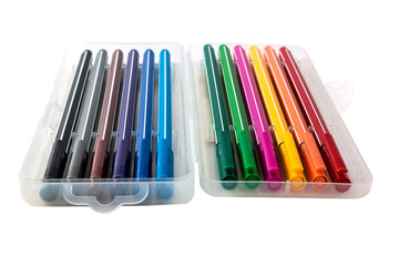 Naklejka premium Multicolored pens with box isolated on white background.