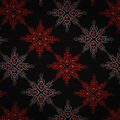 Beautiful background with decorative elements and shiny stones. Black background. Vector pattern