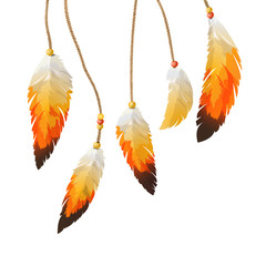 Set of feathers on the threads.  Ethnic style.  Vector illustration