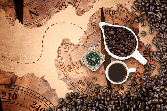 coffee beans on map fabric background