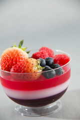 Three color jelly with fresh fruit