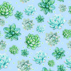 Seamless succulent pattern on a blue background