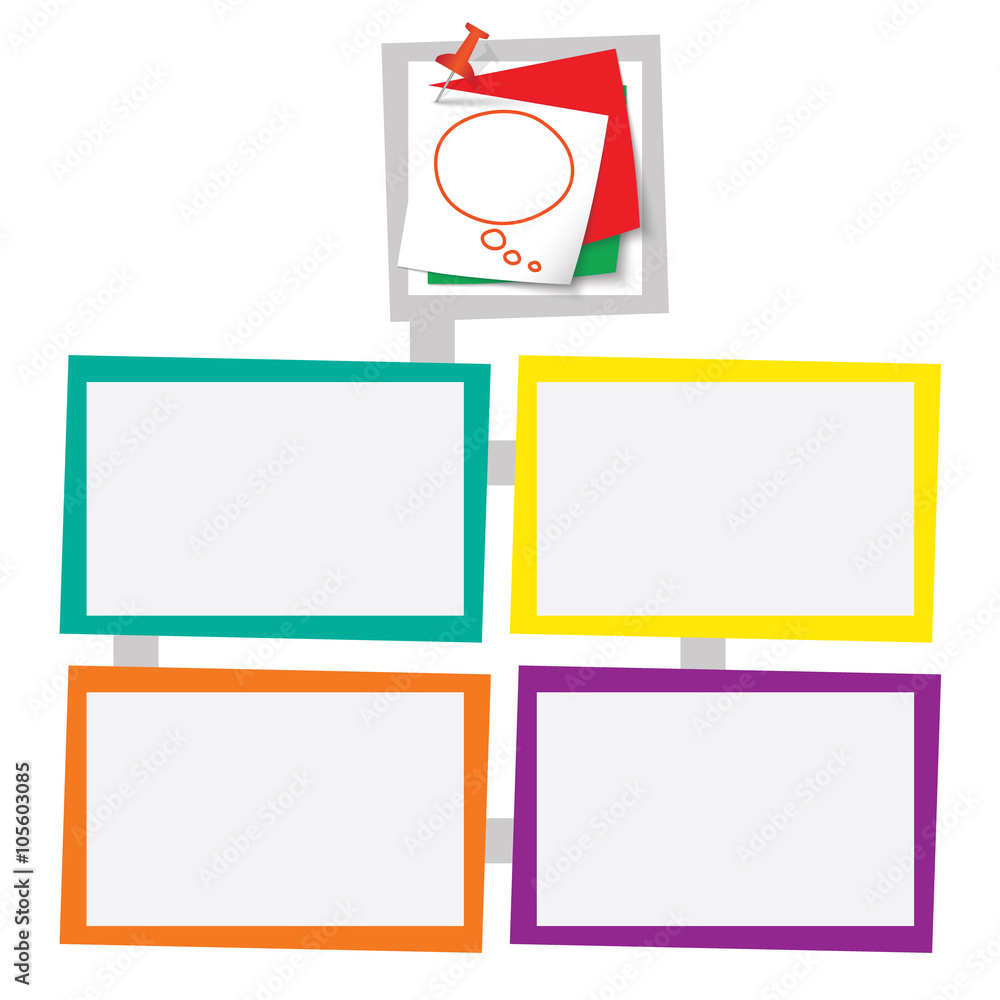 Poster four colored frames for your text with pushpin and speech bubble