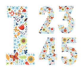 Cute floral vintage numbers set. Doodle flowers, leaves, butterflies in shapes. Decoration for cards, kid's illustrations, invitation, wedding, greeting. 1, 2, 3, 4, 5. Vector illustration.
