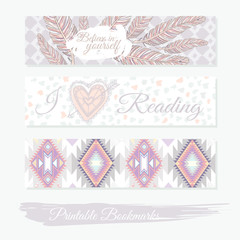 Printable bookmarks with feathers, aztec pattern and heart. Vect