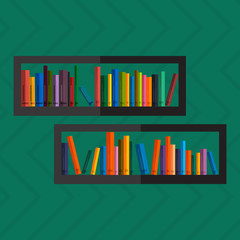 Illustration of bookshelfon wall with books in vector, flat style.