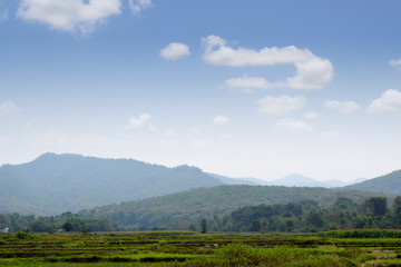 Fototapeta na wymiar View of Fields, mountains and blue light sky