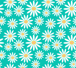 white daisies on turquoise background seamless vector pattern