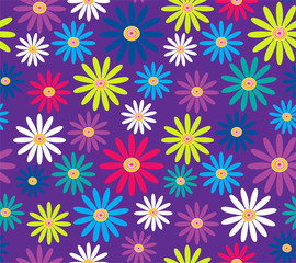 colorful daisies on purple background seamless vector pattern