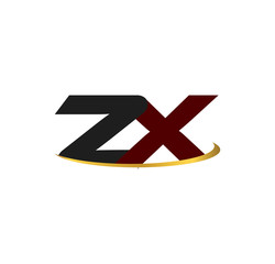 ZX alphabet in grey and red with golden curve