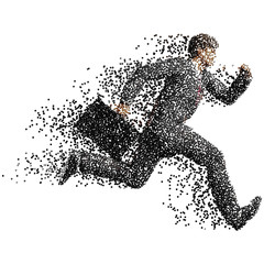 Running businessman with case made of scattered balls