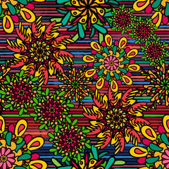 Seamless pattern with bright colorful drawn mandala flowers