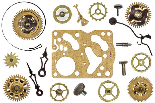 Spare parts for clock. Metal gears, cogwheels and other details