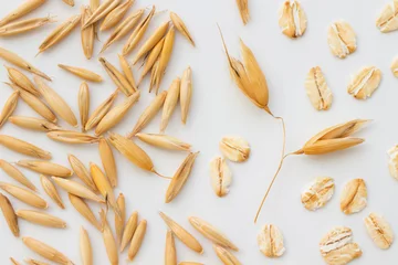 Foto op Plexiglas Grains of oats, oatmeal and oat branch on a white background © 201122