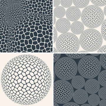 A set of 4 graphic compositions, based on a spherical shell with a polygons pattern on its surface.