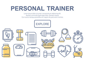 Set of modern flat line icons sports equipment, gym training