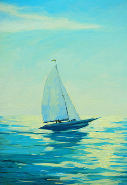 yacht with sail at the morning mediterranean seaside, painting