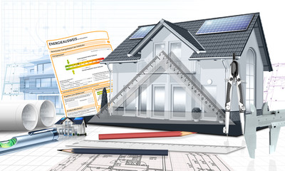 Hausplanung mit Bauzeichnung, Energiesparhaus, Energieausweis - 105607625