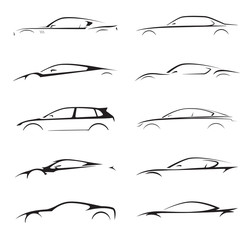 Concept supercar, sports car and sedan motor vehicle silhouette collection set on white background. Vector illustration. - obrazy, fototapety, plakaty