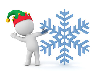 3D Character with Elf Hat Waving from Behind Large Snowflake