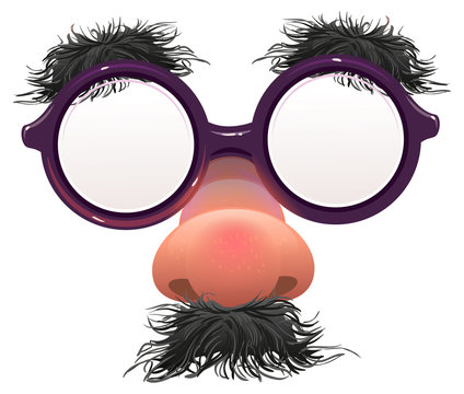 Funny glasses nose. Surface nose and glasses. Black eyebrows, mustache. 1 April Fools Day