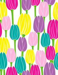 colorful tulips on white background seamless vector pattern