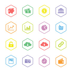 colorful flat finance and technology icon set with hexagon frame for web design, user interface (UI), infographic and mobile application (apps)