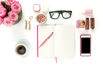 Still life of fashion woman, objects on white