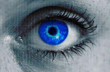 futuristic eye with matrix texture looking at viewer