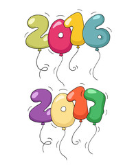 Cute colorful bubble shaped numbers for New Year Eve template. Cartoon air balloons in the form of 2016 and 2017 numbers. Doodle vector for christmas party, kids desigh, funny invitations.