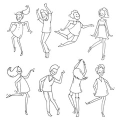 Set of sketch dancing people in different poses. Doodle collection of cartoon dancers, women and men funny characters. Hand drawn vector illustration isolated on white background.