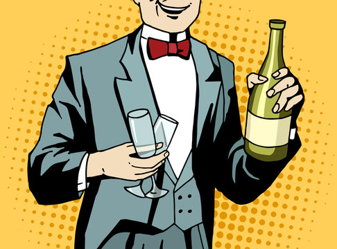 Pop art waiter with champagne and wineglasses at work. Comic styled man prepare for celebration. Retro styled vector illustration.