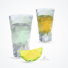 Tequila gold and silver with salt and lemon, low poly vector illustration