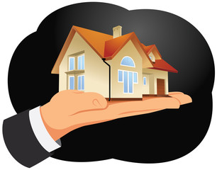 Hand of a businessman is holding a house model. Real estate purchase concept.