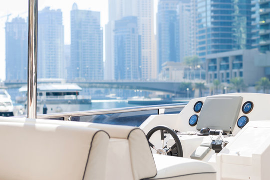 View from a luxury yacht over marina area in Dubai
