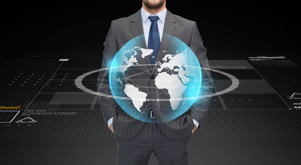 close up of businessman with earth globe