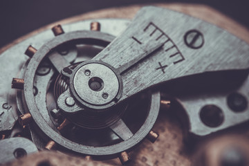 Clockwork . Close-up Of Old Clock Watch Mechanism 