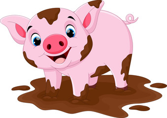 Cartoon pig play in a mud puddle - 105616642