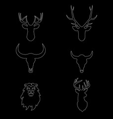 Outline heads of animals: deer, lion, buffalo in vector