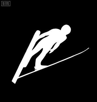 Jumping skier silhouette on black background. Winter Sport 