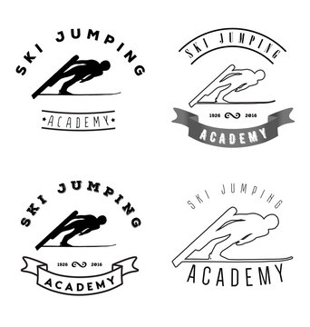 Set of logos with jumping skier silhouette. Winter Sport logotype